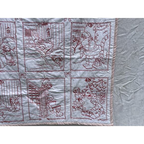 Kids Santa Christmas Throw Wall Hanging Red Work Embroidery Retro 1920s Style - Picture 7 of 10